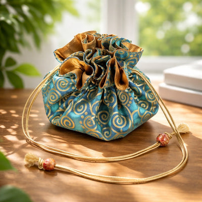 Handmade Cotton Raw Thai Silk Jewelry Pouch | Travel Organizer, Braided Drawstring Bag, Swirl Design