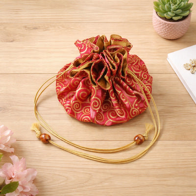 Handmade Cotton Raw Thai Silk Jewelry Pouch | Travel Organizer, Braided Drawstring Bag, Swirl Design