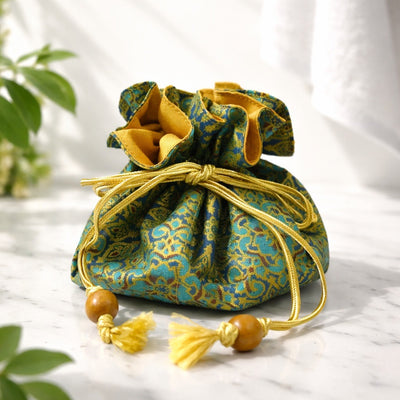 Premium Drawstring Jewelry Pouch, Cotton & Raw Thail Sil, Sunburst | Limited Edition