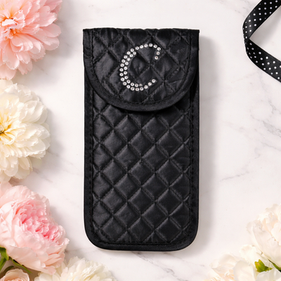 Monogrammed & Personalized Quilted Satin Black Soft Eyeglass Case, Cursive Single Upper Case Letter in Swarovski Rhinestones