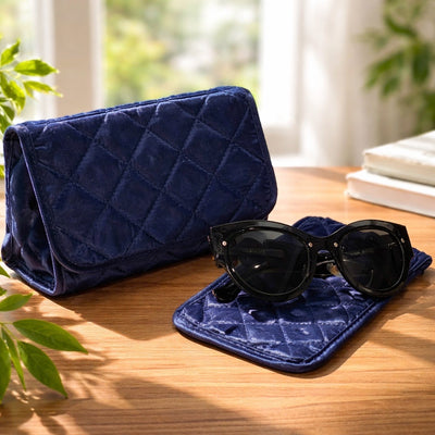 Cosmetic Bag with Mirror, Quited Satin Dark Blue, Large