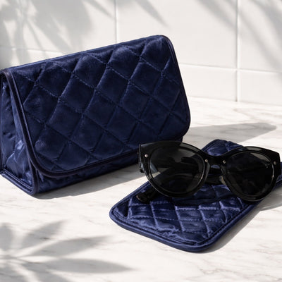 Cosmetic Bag with Mirror, Quited Satin Dark Blue, Large