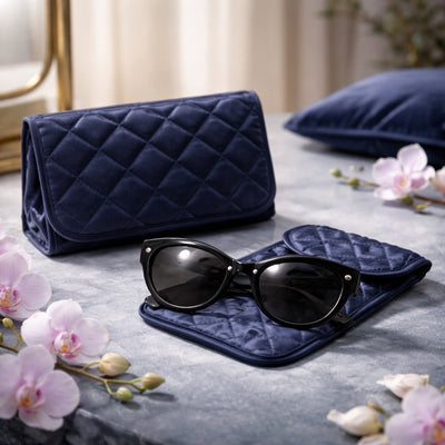 Cosmetic Bag with Mirror, Quited Satin Dark Blue, Large