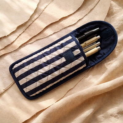 Quilted Cotton Soft Eyeglass Case, Dark Blue and White Stripes
