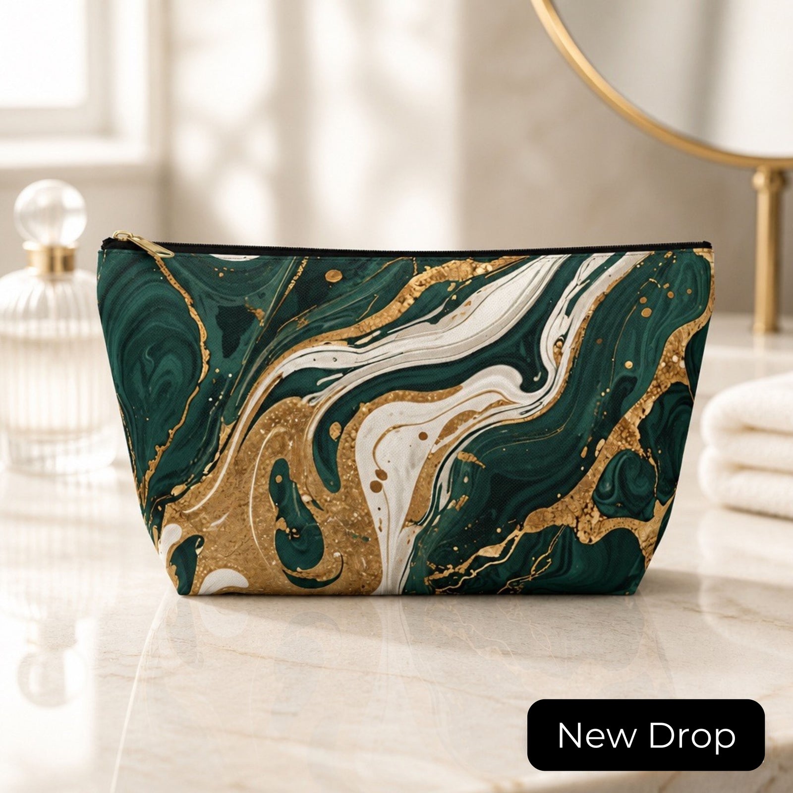 Emerald Gold Marble Accessory Pouch | T-Bottom Makeup Bag