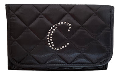 Personalized & Monogrammed Cosmetic Bag with a Mirror, Quilted Black Satin, Cursive Single Upper Case Letter in Swarovski Rhinestones