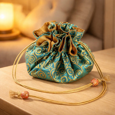 Handmade Cotton Raw Thai Silk Jewelry Pouch | Travel Organizer, Braided Drawstring Bag, Swirl Design