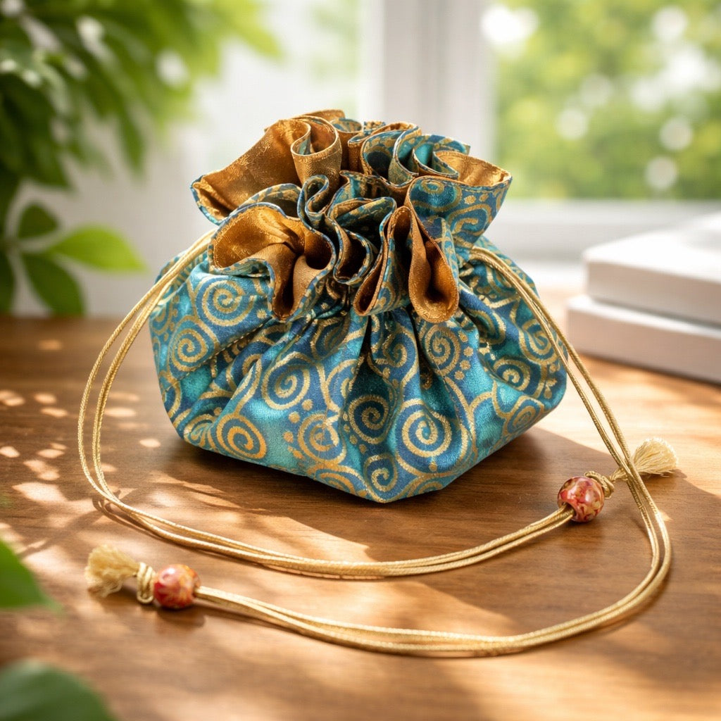 Handmade Cotton Raw Thai Silk Jewelry Pouch | Travel Organizer, Braided Drawstring Bag, Swirl Design