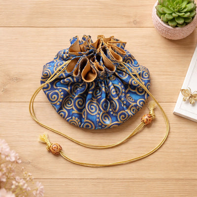 Handmade Cotton Raw Thai Silk Jewelry Pouch | Travel Organizer, Braided Drawstring Bag, Swirl Design