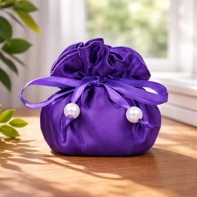 Drawstring Premium Satin 2-in-1 Jewelry Pouch with 16 Interior Pockets, Purple