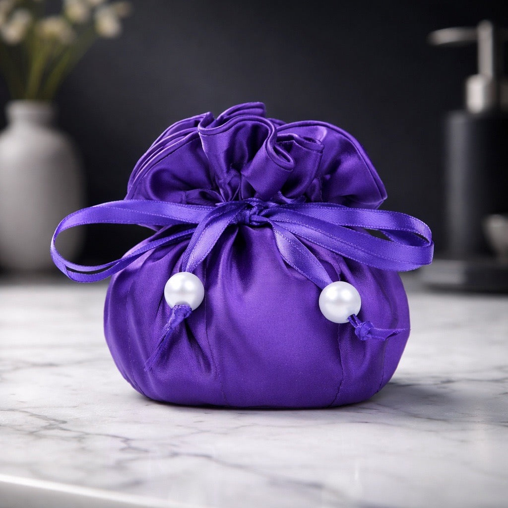 Drawstring Premium Satin 2-in-1 Jewelry Pouch with 16 Interior Pockets, Purple