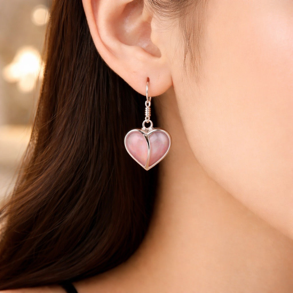 Sterling Silver Pink Mother of Pearl Heart Dangle Earrings