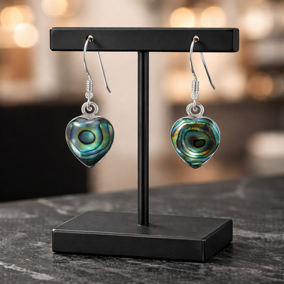 925 Sterling Silver Paua Shell (Abalone) Heart Drop & Dangle Hook Earrings