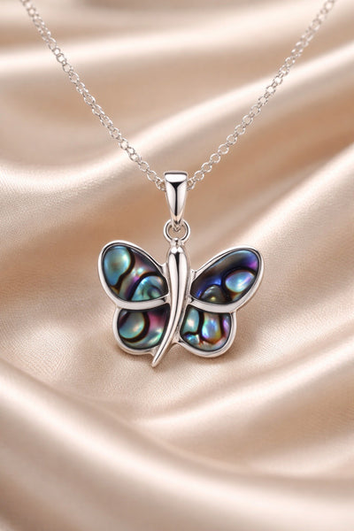 925 Sterling Silver Paua Shell (Abalone) Inlay Butterfly Pendant Necklace, 16" Long