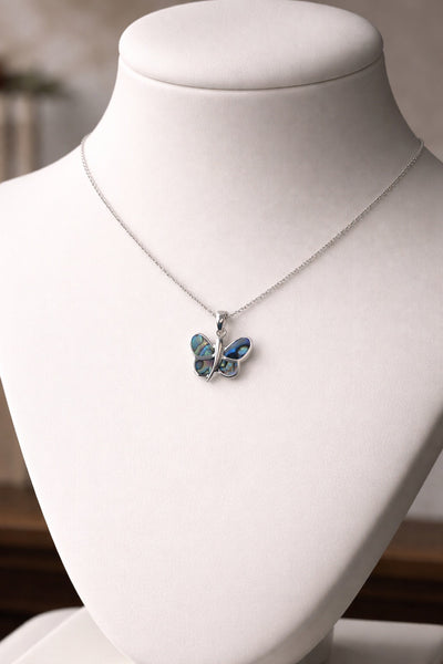 925 Sterling Silver Paua Shell (Abalone) Inlay Butterfly Pendant Necklace, 16" Long