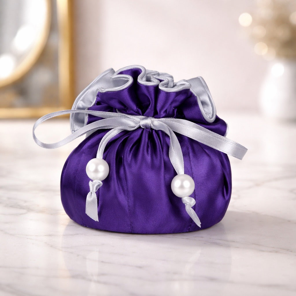Drawstring Premium Satin Jewelry Pouch with 8 Interior Pockets, Purple + Silver