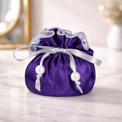 Drawstring Premium Satin Jewelry Pouch with 8 Interior Pockets, Purple + Silver