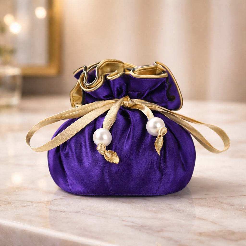 Drawstring Premium Satin Jewelry Pouch with 8 Interior Pockets, Purple + Gold