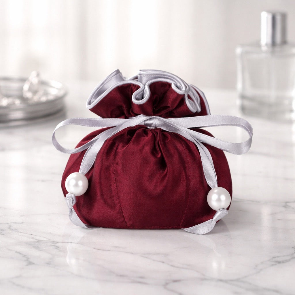 Drawstring Premium Satin Jewelry Pouch with 8 Interior Pockets, Maroon + Silver
