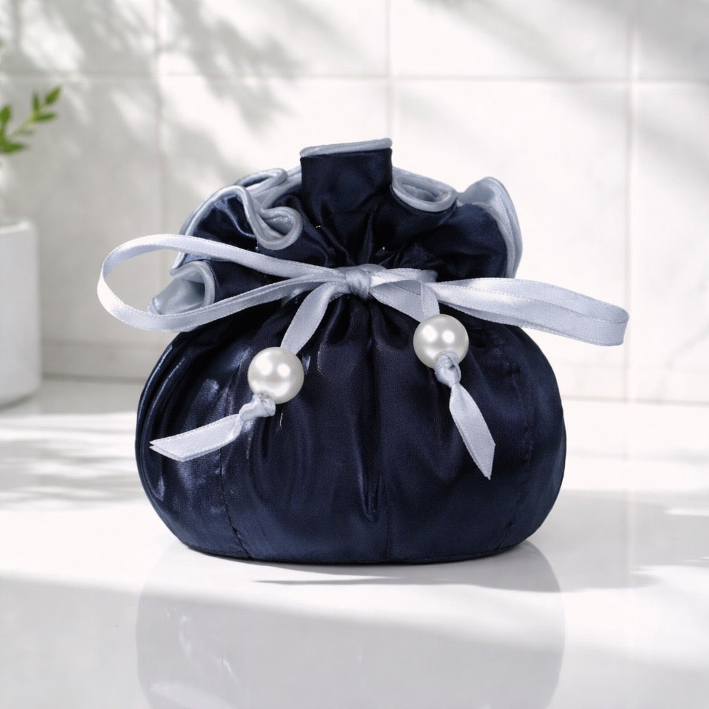 Drawstring Premium Satin Jewelry Pouch with 8 Interior Pockets, Blue + Silver