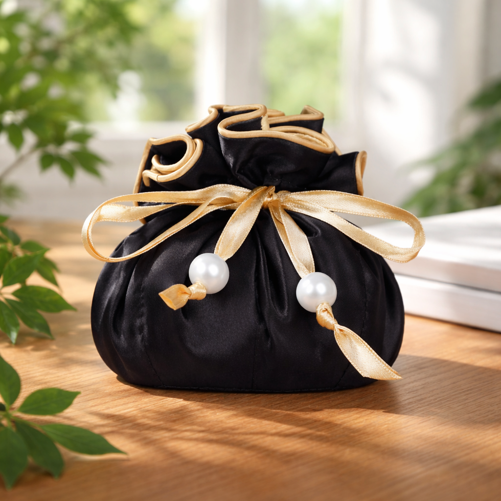 Drawstring Premium Satin Jewelry Pouch with 8 Interior Pockets, Black + Gold