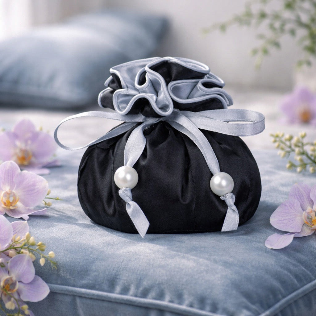 Drawstring Premium Satin Jewelry Pouch with 8 Interior Pockets, Black + Silver