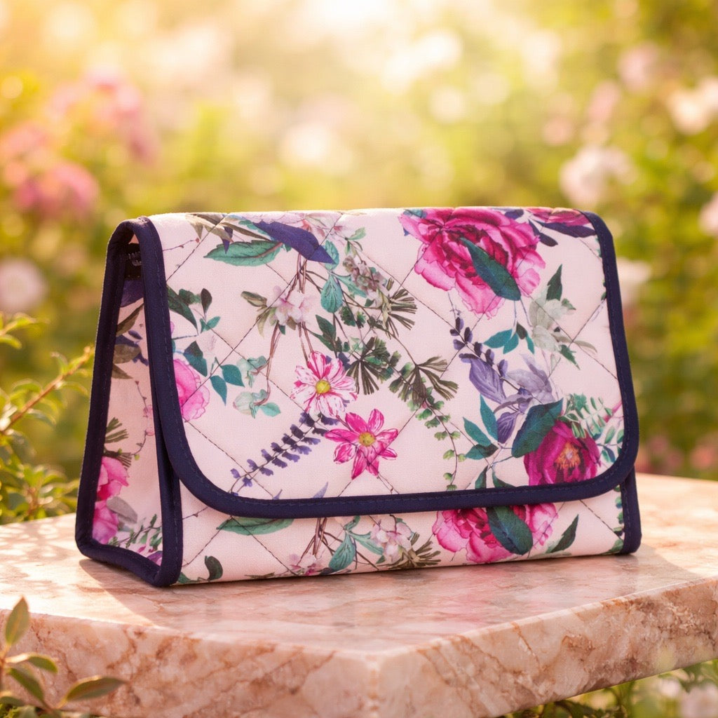 Cosmetic Bag with Mirror, Quited Cotton in Pink Floral