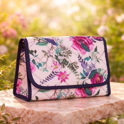 Cosmetic Bag with Mirror, Quited Cotton in Pink Floral
