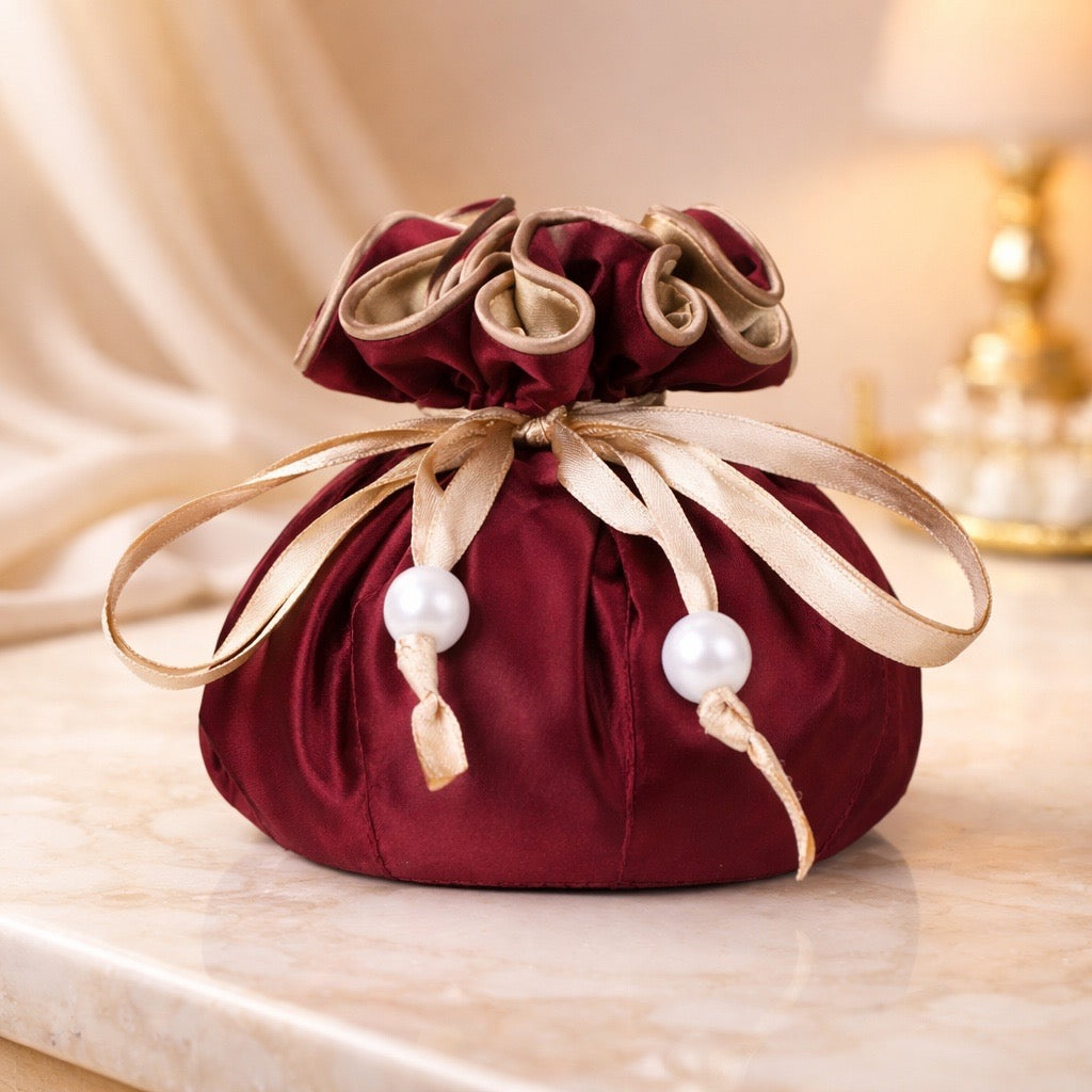 Drawstring Premium Satin Jewelry Pouch with 8 Interior Pockets, Maroon + Gold