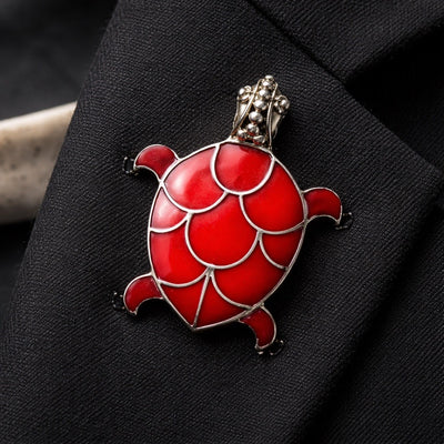 925 Antiqued Sterling Silver Red Coral Inlay Sea Turtle Convertible Pendant to Brooch (Pin)