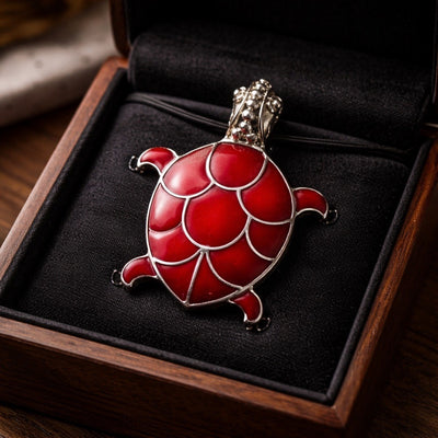 925 Antiqued Sterling Silver Red Coral Inlay Sea Turtle Convertible Pendant to Brooch (Pin)