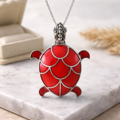 925 Antiqued Sterling Silver Red Coral Inlay Sea Turtle Convertible Pendant to Brooch (Pin)