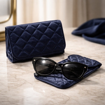 Cosmetic Bag with Mirror, Quited Satin Dark Blue, Large