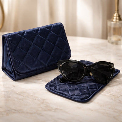 Cosmetic Bag with Mirror, Quited Satin Dark Blue, Large