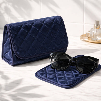 Cosmetic Bag with Mirror, Quited Satin Dark Blue, Large