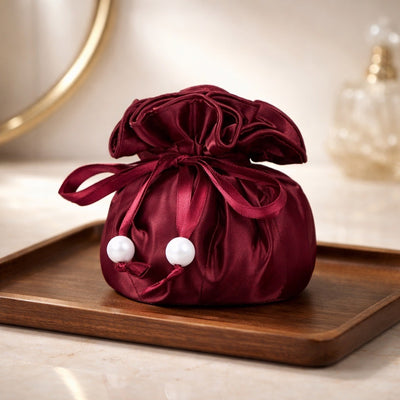 Drawstring Premium Satin 2-in-1 Jewelry Pouch with 16 Interior Pockets, Maroon