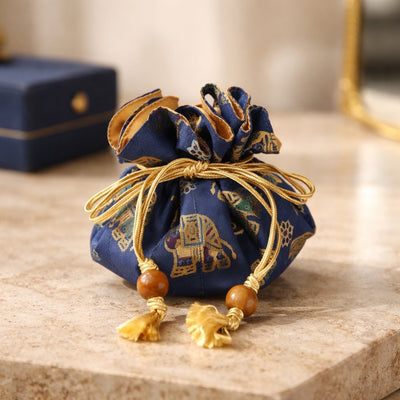Handmade Cotton Raw Thai Silk Jewelry Pouch | Travel Organizer, Braided Drawstring Bag, Elephant Design