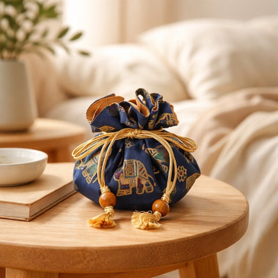 Handmade Cotton Raw Thai Silk Jewelry Pouch | Travel Organizer, Braided Drawstring Bag, Elephant Design