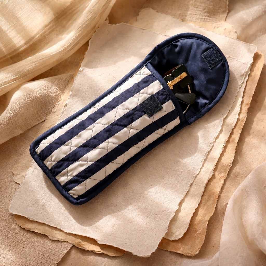 Quilted Cotton Soft Eyeglass Case, Dark Blue and White Stripes