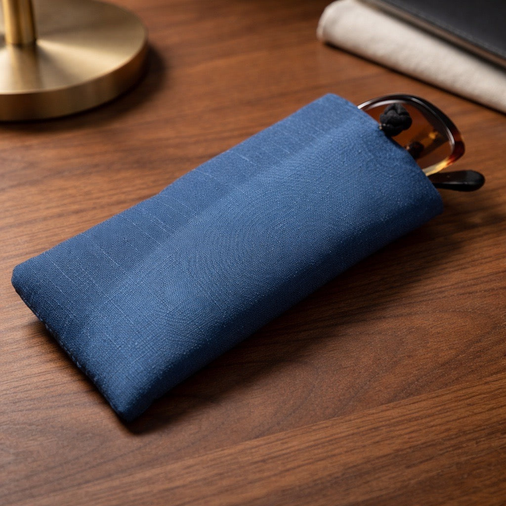 Poly Dupioni Silk Soft Eyeglass Case, Blue & Black