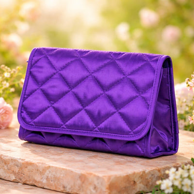 Cosmetic Bag with Mirror, Quited Satin Purple, Large