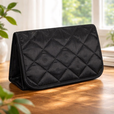 Cosmetic Bag with Mirror, Quited Satin Black, Large