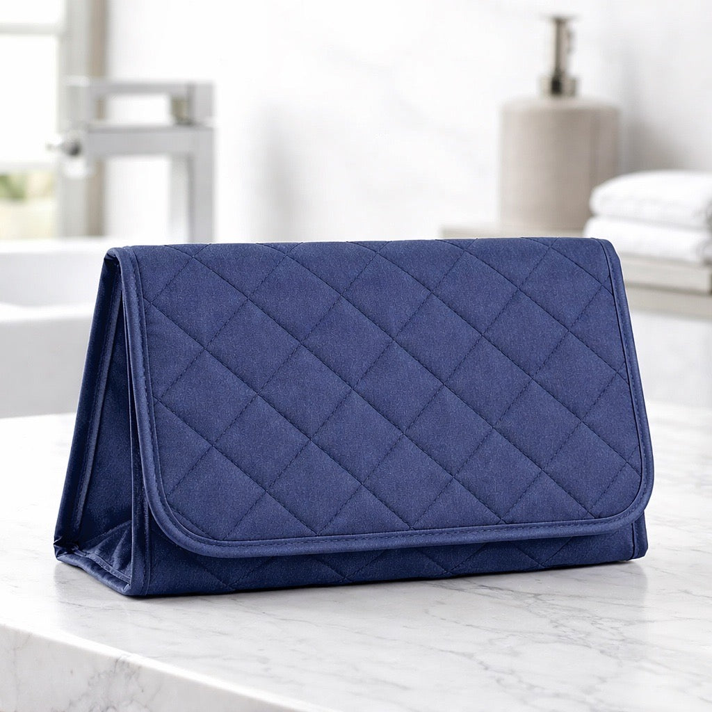 Cosmetic Bag with Mirror, Quited Satin Dark Blue, Large