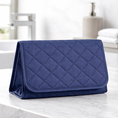 Cosmetic Bag with Mirror, Quited Satin Dark Blue, Large