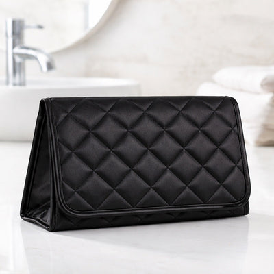 Cosmetic Bag with Mirror, Quited Satin Black, Large
