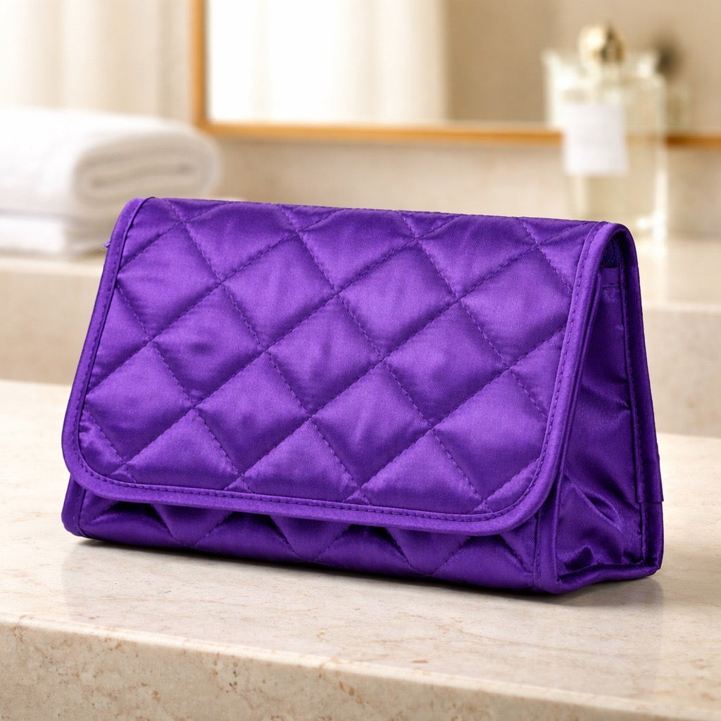 Cosmetic Bag with Mirror, Quited Satin Purple, Large