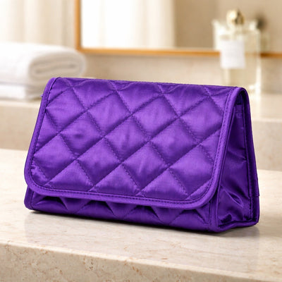 Cosmetic Bag with Mirror, Quited Satin Purple, Large