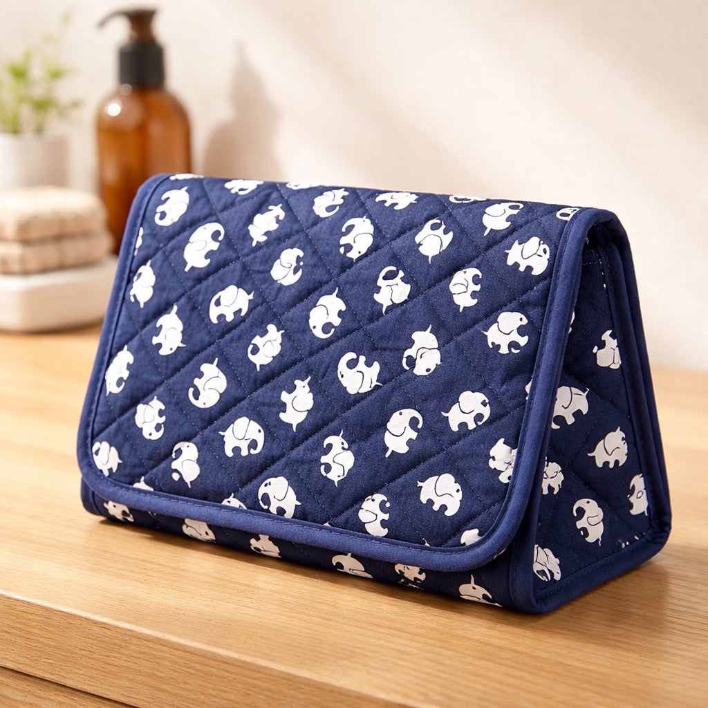 Cosmetic Bag with Mirror, Quited Cotton, Large