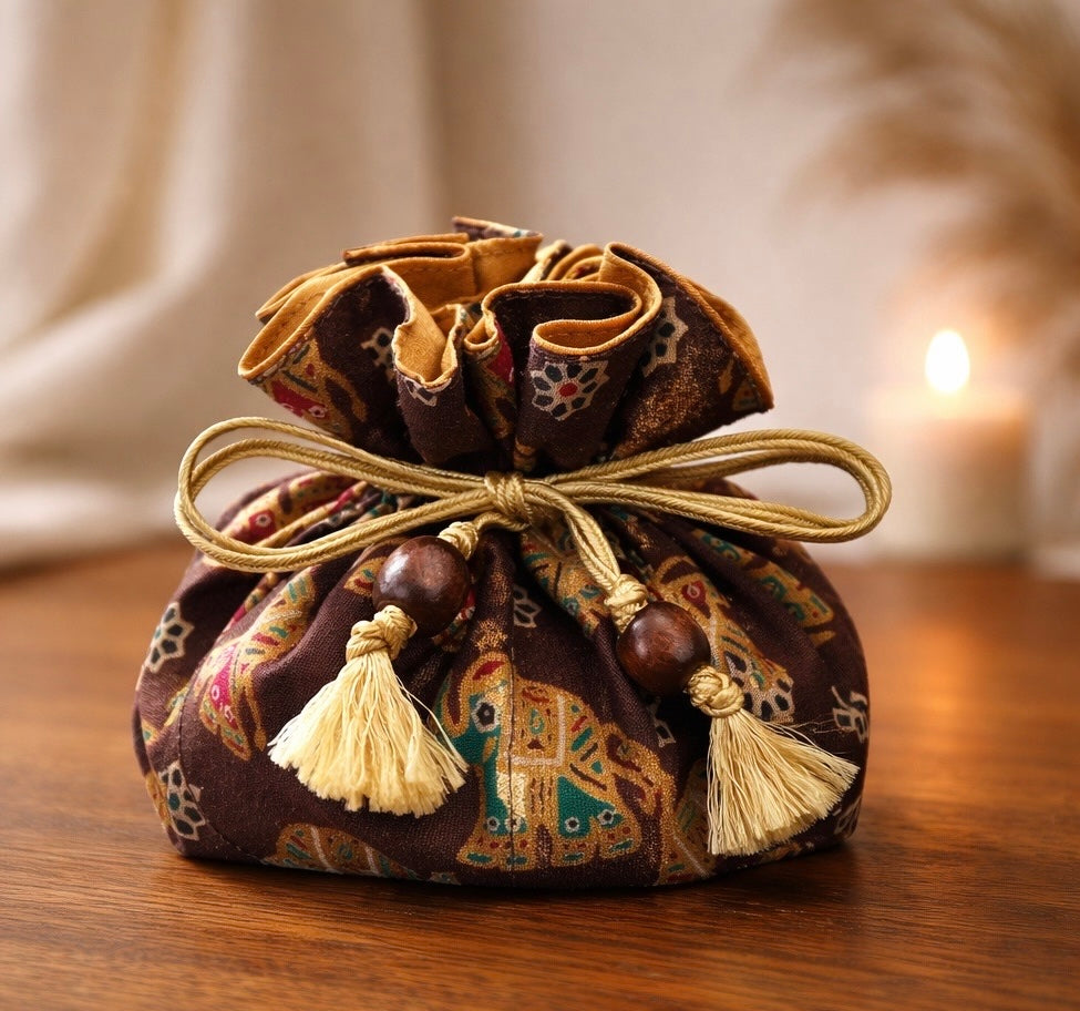 Handmade Cotton Raw Thai Silk Jewelry Pouch | Travel Organizer, Braided Drawstring Bag, Elephant Design
