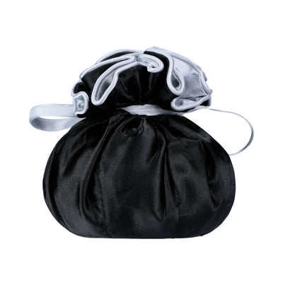 Drawstring Premium Satin Jewelry Pouch with 8 Interior Pockets, Black + Silver